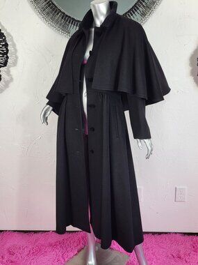 CLAUTE COUTURE~38/S/M~VINTAGE BLACK WOOL VELVET FULL LENGTH CAPE COAT TRENCH